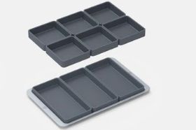 A must-have for sheet pan meals, these silicone baking trays provide separate cooking compartments for your meats, veggies, and marinades. From Prepd. YOUR PRO SET IN OLIVE GREEN, INCLUDES : Includes (1) sheet pan, (6) small square trays, and (3) large rectangular trays (1) roasting cook time insert Rigid silicone construction Microwave-, freezer-, and dishwasher-safe; oven safe to 450F (sheet pan not microwave safe, silicone inserts are microwave safe) Measures 4.96" x 3.35" x 10.24" Imported